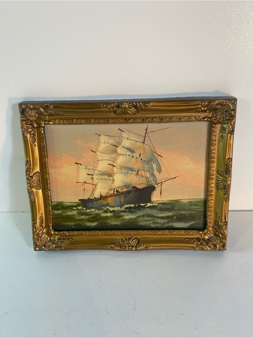 Vintage Miniature Nautical Oil Painting On Board Ornate Plastic Gold Frame 6”x8